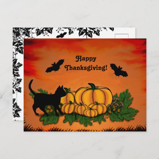 Carte Postale Automne, Bon thanksgiving avec chauve-souris et ch (Devant / Derrière)