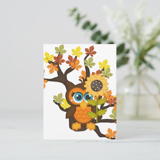 Carte Postale Automne, Chouette automnale avec Fleurs de soleil (Debout devant)
