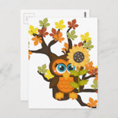 Carte Postale Automne, Chouette automnale avec Fleurs de soleil (Devant / Derrière)