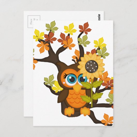 Carte Postale Automne, Chouette automnale avec Fleurs de soleil (Devant / Derrière)
