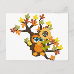 Carte Postale Automne, Chouette automnale avec Fleurs de soleil