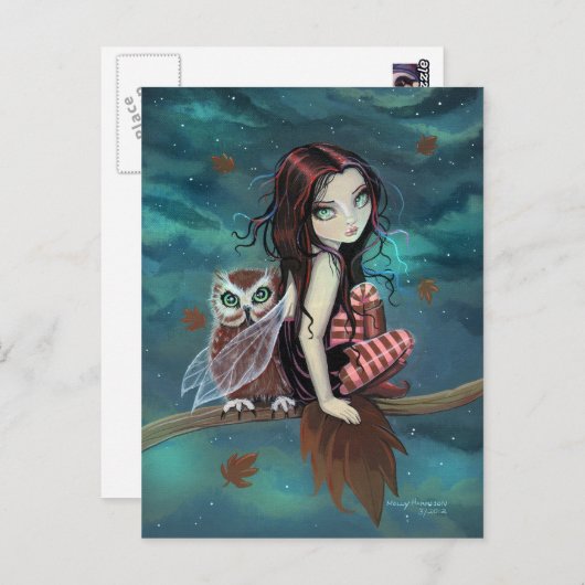 Carte Postale Automne Chouette gothique Imaginaire Fée et Chouet (Devant / Derrière)