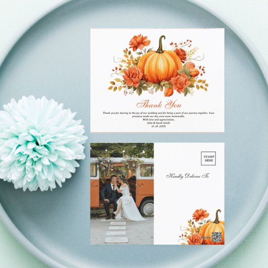 Carte Postale Automne Citrouille Floral Mariage Merci