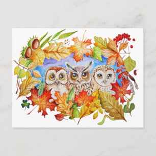 Carte Postale automne de trois hiboux