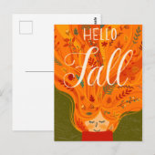 Carte Postale Automne fille Orange cheveux avec feuille (Devant / Derrière)