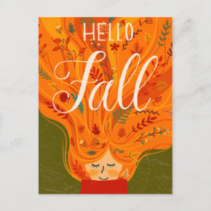 Carte Postale Automne fille Orange cheveux avec feuille