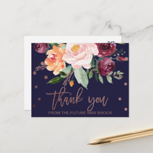 Carte Postale Automne Floral Rose Merci or