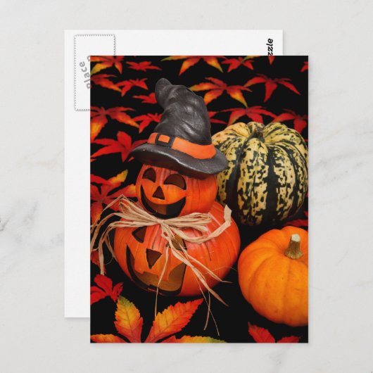 Carte Postale Automne Halloween Citrouilles et Feuilles d'automn (Devant / Derrière)