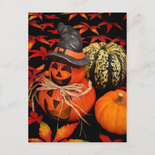 Carte Postale Automne Halloween Citrouilles et Feuilles d'automn