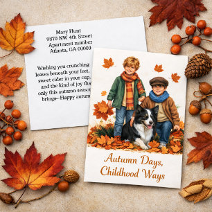 Carte Postale Automne nostalgique Aquarelle Enfants & Border Col