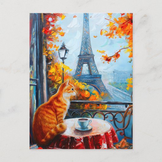 Carte Postale Automne parisien | Chat au gingembre dans un café (Devant)