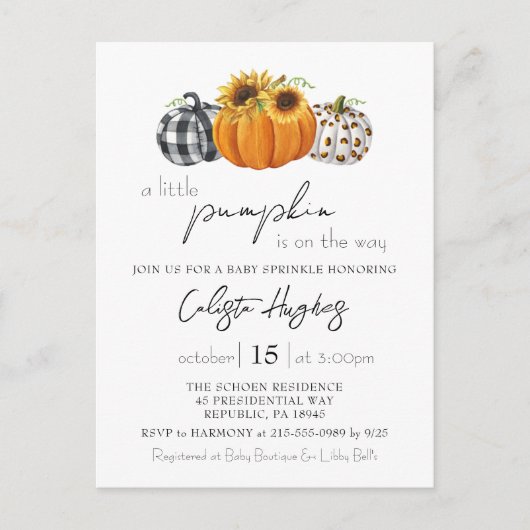 Carte Postale Automne Petit Citrouille Tournesol Bébé Sprinkle (Devant)