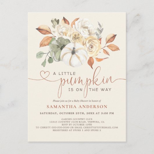 Carte Postale Automne Rustique Un Baby shower Un Peu Citrouille (Devant)