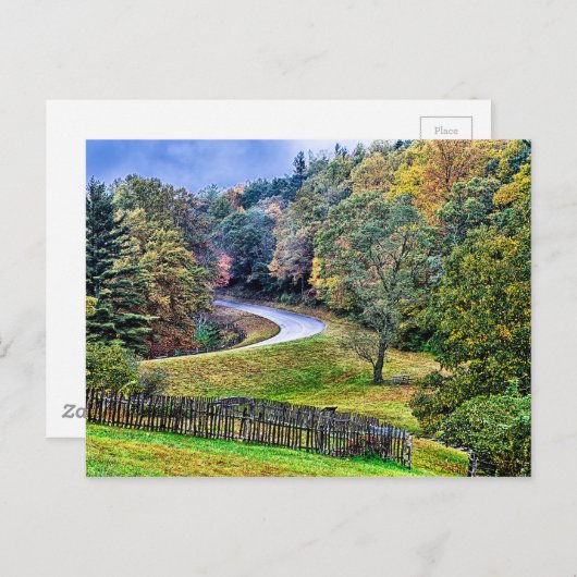 Carte Postale automne saison matin sur la route bleue (Devant / Derrière)
