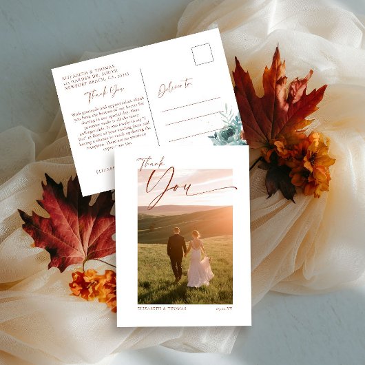 Carte Postale Automne Turquoise Burnt Orange Mariage Merci photo