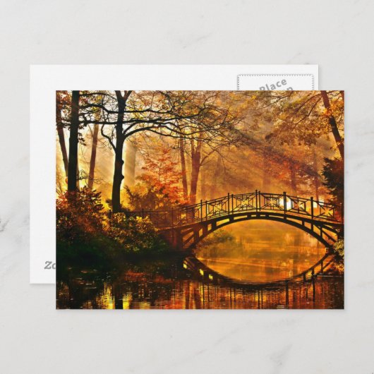 Carte Postale Automne - Vieux pont en automne parc brouillard (Devant / Derrière)