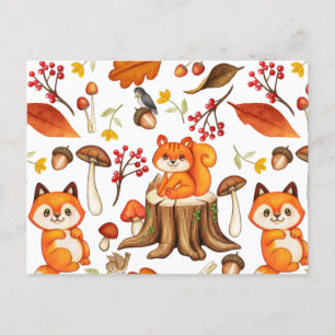 Carte Postale Automne Woodland Cute Animaux et Feuilles orange