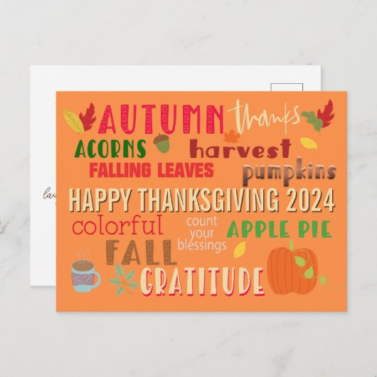Carte Postale Automne WordArt Motif Bon thanksgiving 2024 (Devant / Derrière)
