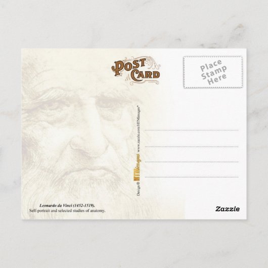 Carte Postale Autoportrait de Da Vinci et études anatomiques (Dos)