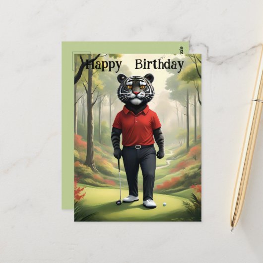 Carte Postale Avant : Un Tigre Jouant au Golf, Anniversaire (Devant/Arrière en situation)