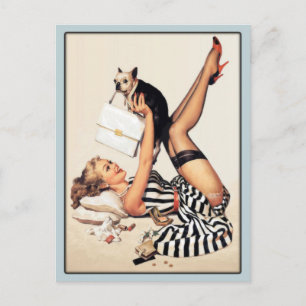 Carte postale avec Babe Vintage Jouer avec son chi