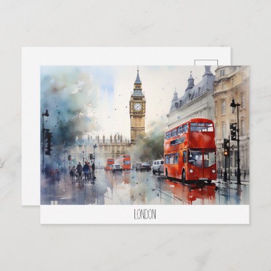 Carte postale avec Big Ben et bus rouge à Londres (Devant / Derrière)
