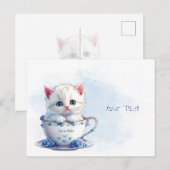 Carte postale avec chaton dans une tasse fleurs bl (Devant / Derrière)