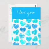 Carte postale avec des coeurs bleus esquissés (Devant / Derrière)