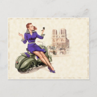 Carte postale avec fille Vintage sur sa moto