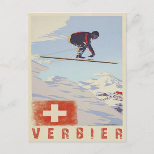 Carte postale avec imprimé ski Vintage Suisse
