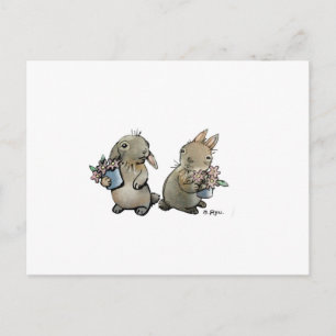 Carte postale avec lapins et fleurs