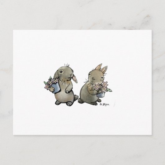 Carte postale avec lapins et fleurs (Devant)