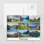 Carte postale avec paysages et texte : 'Norvège' (Devant / Derrière)