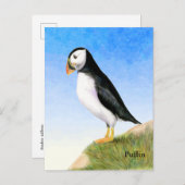 Carte postale avec peinture aquarelle de macareux (Devant / Derrière)