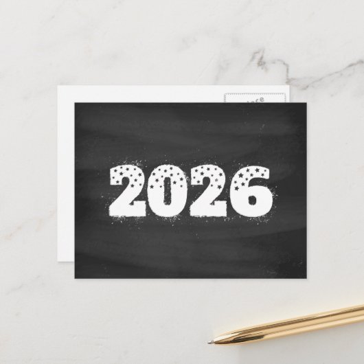 Carte postale avec texte de 2026 sur tableau noir. (Devant/Arrière en situation)