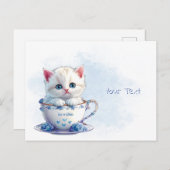 Carte postale avec un chaton dans une tasse Fleurs (Devant / Derrière)