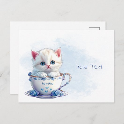 Carte postale avec un chaton dans une tasse Fleurs (Devant / Derrière)