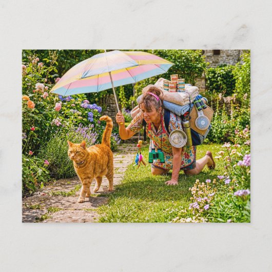 Carte Postale Aventure de chat avec femme surchargée (Devant)
