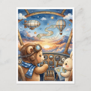 Carte Postale Aventure en montgolfière de l'aviateur ours Flee C