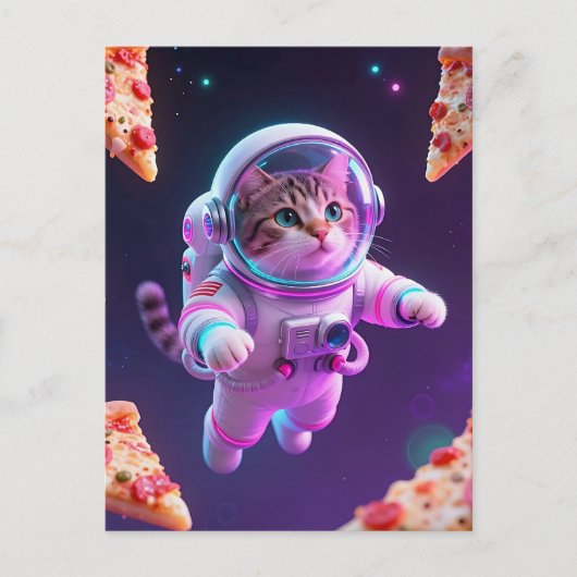 Carte Postale Aventure spatiale de pizza avec un chat astronaute (Devant)