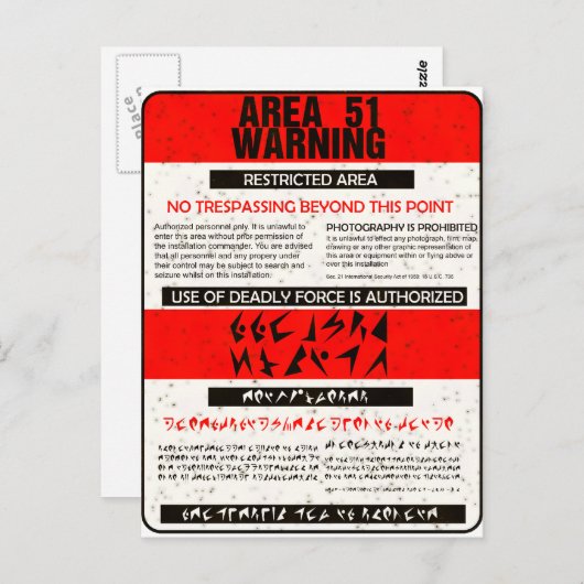 Carte Postale Avertissement Zone 51 (Devant / Derrière)
