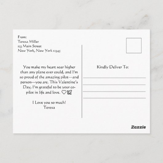 Carte Postale Avion & Coeurs J'aime Mon Pilote Romantique Simple (Dos)