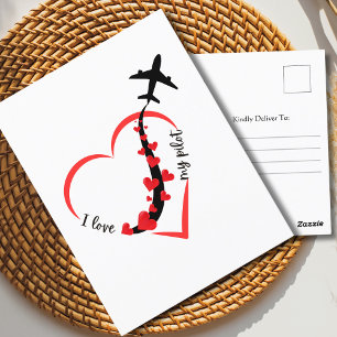 Carte Postale Avion & Coeurs J'aime Mon Pilote Romantique Simple