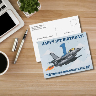 Carte Postale Avion de chasse Time Flies Jet Filleul Premier Ann