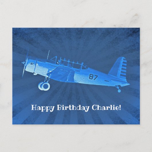 Carte Postale Avion rétro #87 Bleu Joyeux anniversaire (Devant)