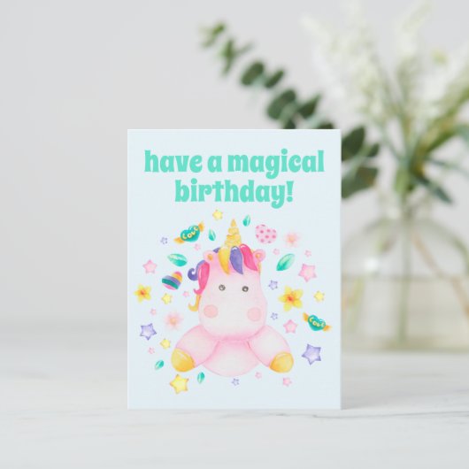 Carte Postale Avoir un Anniversaire Magique, Cute Kids Unicorn (Debout devant)
