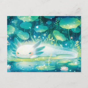 Carte Postale Axolotl Blanc au repos dans un Étang de Teal Magiq