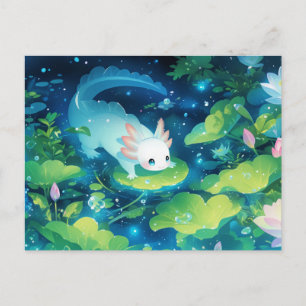 Carte Postale Axolotl Blanc dans l'étang magique de lys nocturne