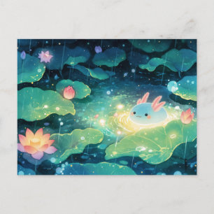 Carte Postale Axolotl Bleu dans un Étang Magique par une Nuit Pl