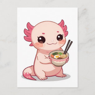 Carte Postale Axolotl mignon tendance mangeant des ramen japonai